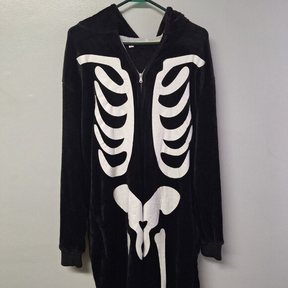 Skeleton One Piece Pajama Full Zip Bones Black Adult‎ Large Hood Face X Ray Rad - Picture 4 of 7